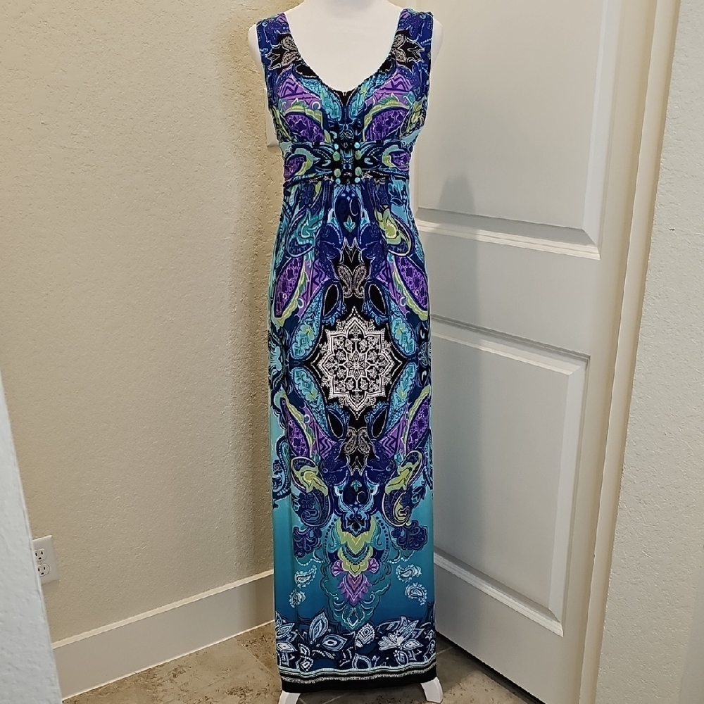 Bisou Bisou Aqua Blue, Purple Maxi Empire Waist Dress Beaded Buckle Sz 8